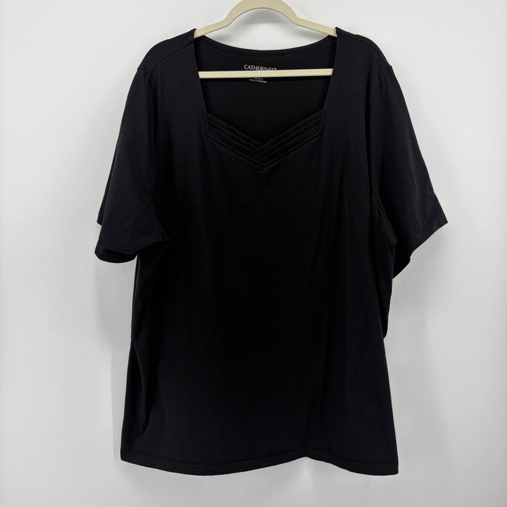 Catherines Womens 3X Black T-Shirt Suprema Pleated Square Neck Short Sleeve Top